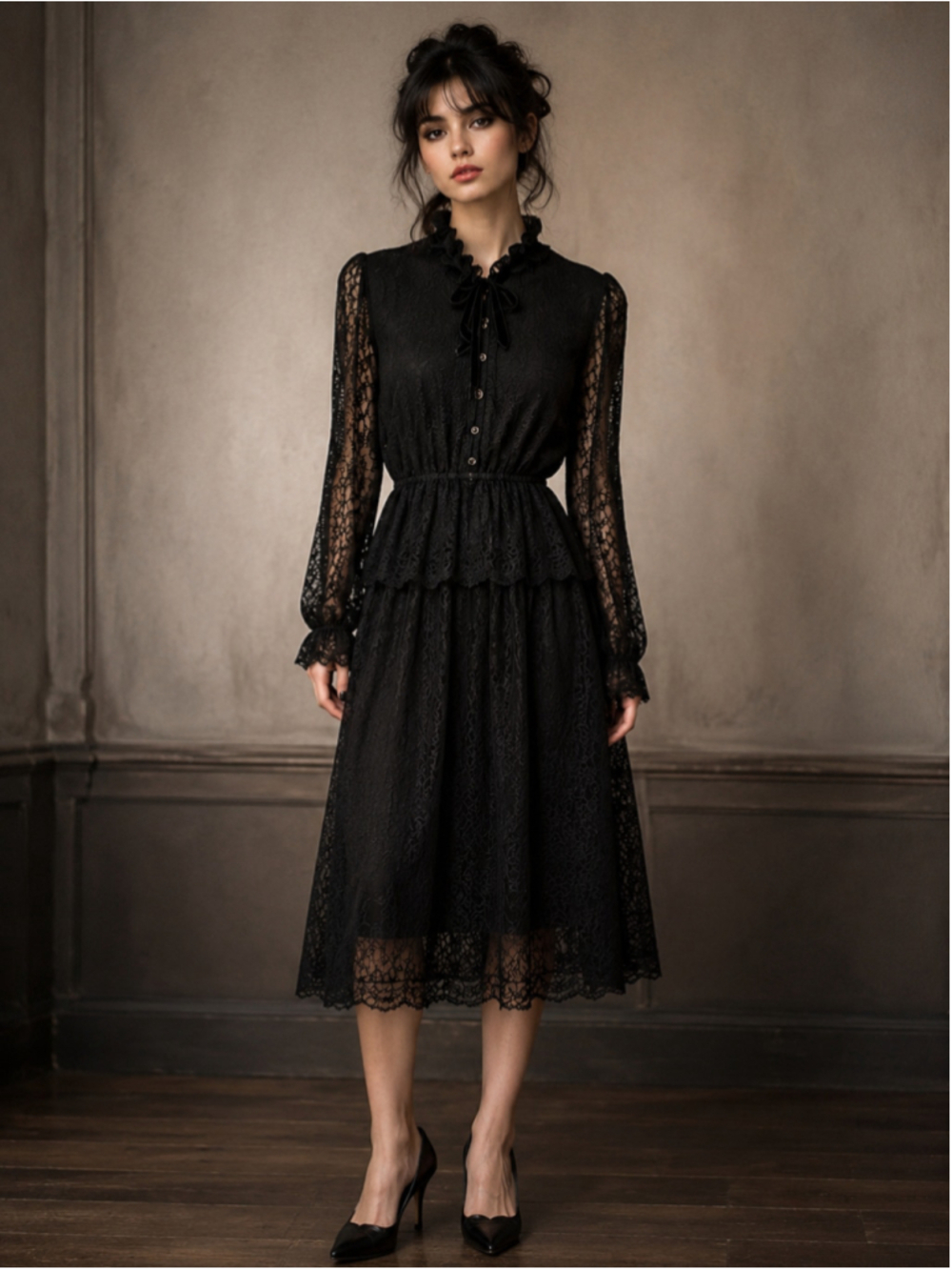 Vintage 1980s Lara Tokyo Black Lace Dress Victorian Goth Whimsigoth XXS XS